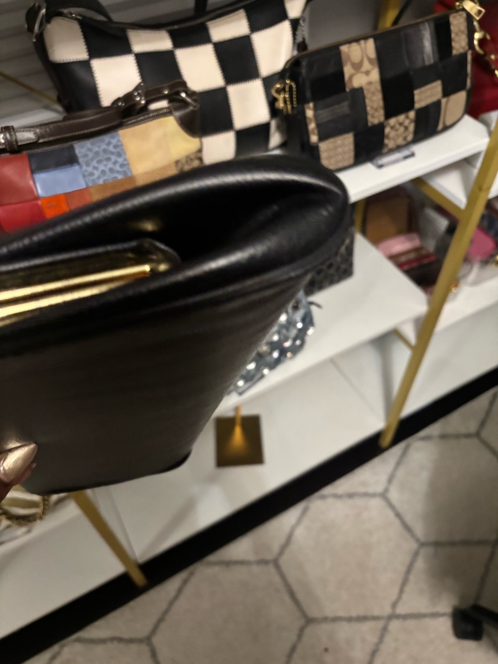 Black Leather Top-Handle Bag with Amber Handle - Picture 5 of 9